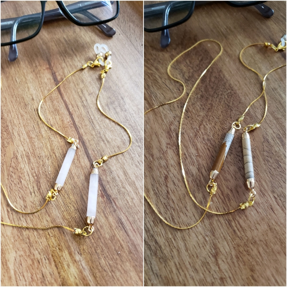33" Handmade Picture Jasper or Rose Quartz on Gold Eyeglass Chain